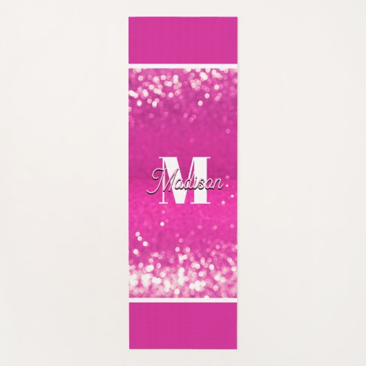 Hot Pink Glitzern Bokeh Monogram Yogamatte (Vorderseite)