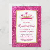 Hot Pink Glitzern Tiara Princess Quinceanera Einladung (Vorderseite)
