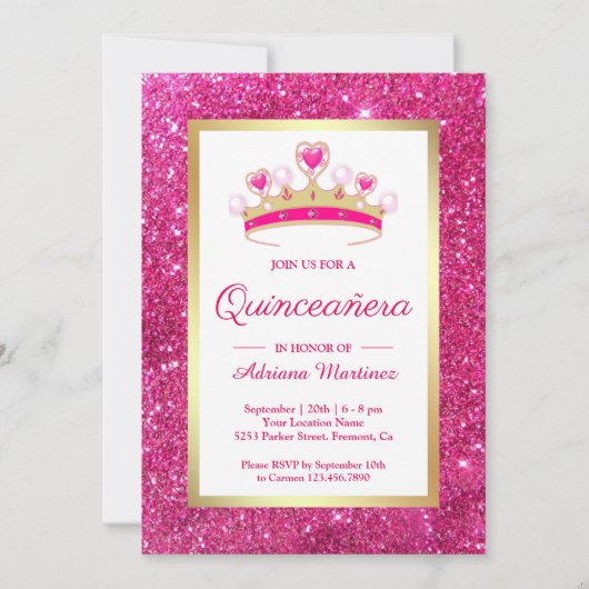 Hot Pink Glitzern Tiara Princess Quinceanera Einladung (Vorderseite)