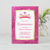 Hot Pink Glitzern Tiara Princess Quinceanera Einladung (Stehend Vorderseite)