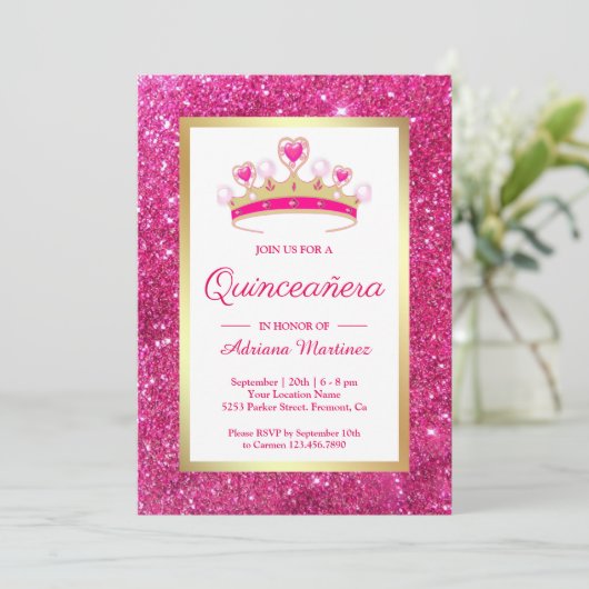 Hot Pink Glitzern Tiara Princess Quinceanera Einladung (Stehend Vorderseite)