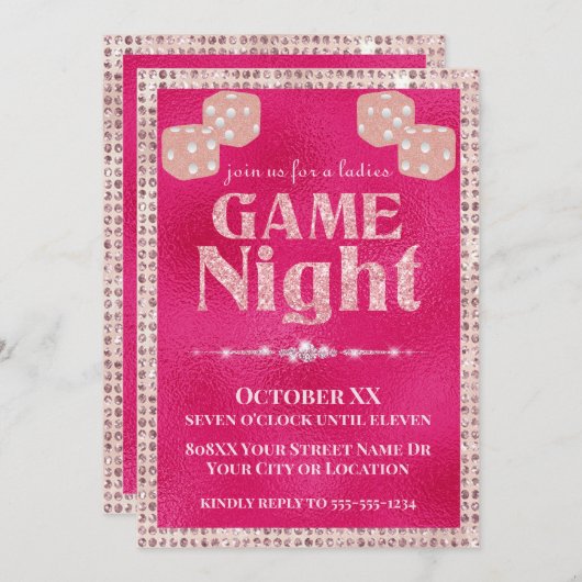 Hot Pink Glitzern Würfel Ladys Game Night Einladung (Vorne/Hinten)