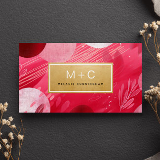 Hot Pink Gold Abstract Monogram Business Cards
