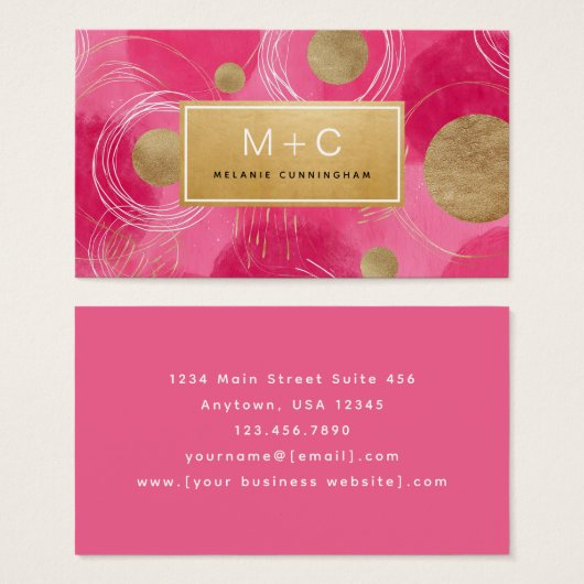 Hot Pink Gold Abstract Monogram Business Cards (Vorne & Hinten)