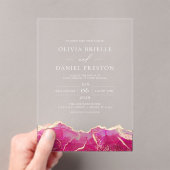 Hot Pink Gold Agate Moderne Hochzeit Acryleinladungen (Insitu (Handheld))