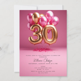 Hot Pink Gold Balloons 30. Geburtstag Party Einladung