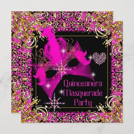 Hot Pink Gold Black Masquera Quinceanera Party Einladung (Vorne/Hinten)