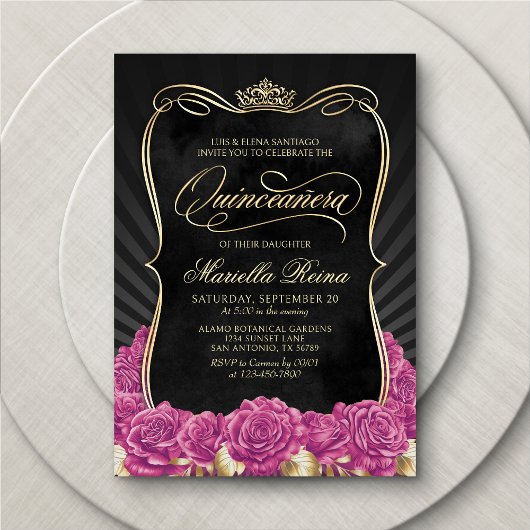 Hot Pink Gold Black Quinceñera Einladung