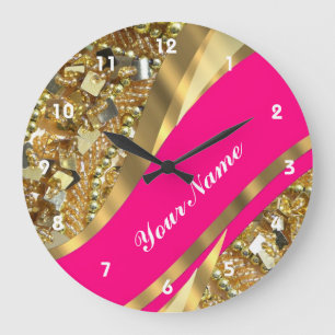 Hot pink & gold bling große wanduhr