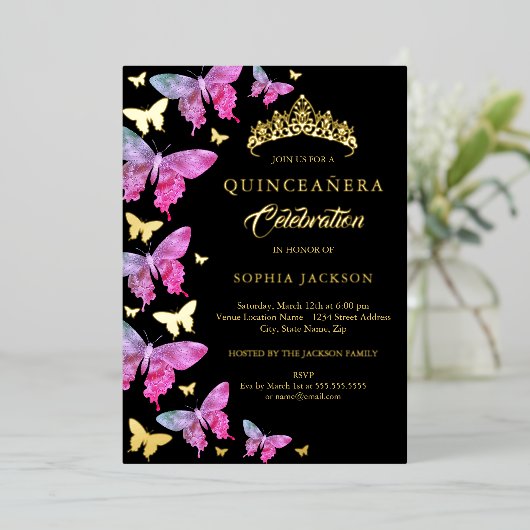 Hot Pink Gold Blue Butterfly Quinceanera Folieneinladung (Stehend vorne)