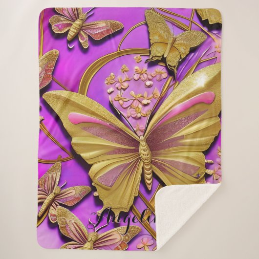 Hot Pink Gold Butterfly Personalisierter Name Sherpadecke (Vorderseite)