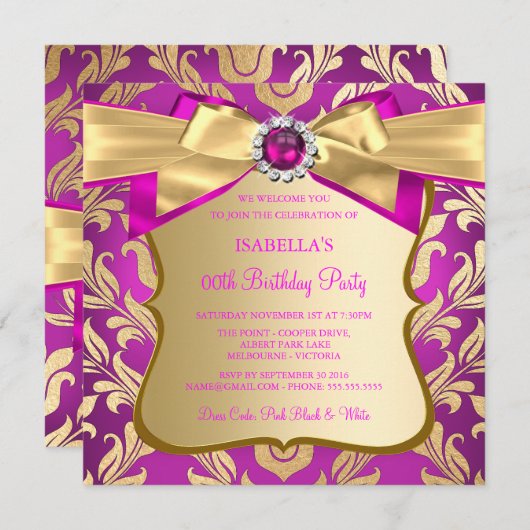 Hot Pink Gold Damask Birthday Party Einladung 2 (Vorne/Hinten)