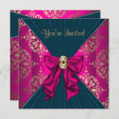 Hot Pink Gold Damask Black Krawatte Party Einladung (Vorne/Hinten)