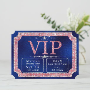 Hot Pink & Gold Diamonds Glitzer Blue VIP Ticket Einladung