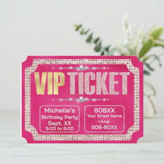 Hot Pink & Gold Diamonds und Glitzer Ticket Einladung (Stehend Vorderseite)