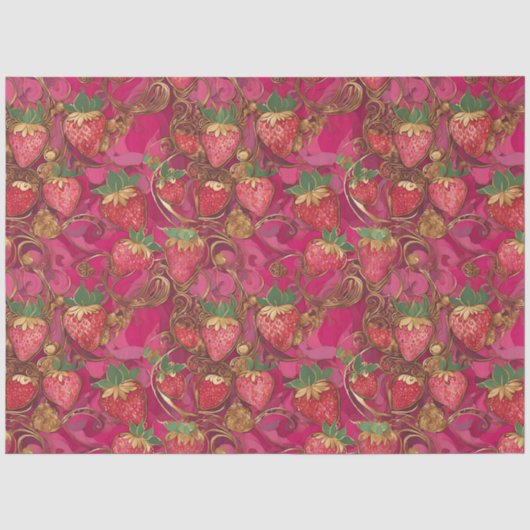 Hot Pink Gold Erdbeere Weinmuster Seidenpapier (Vorderseite)