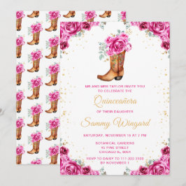 Hot Pink Gold Floral Cowboy Boot Quinceañera Einladung