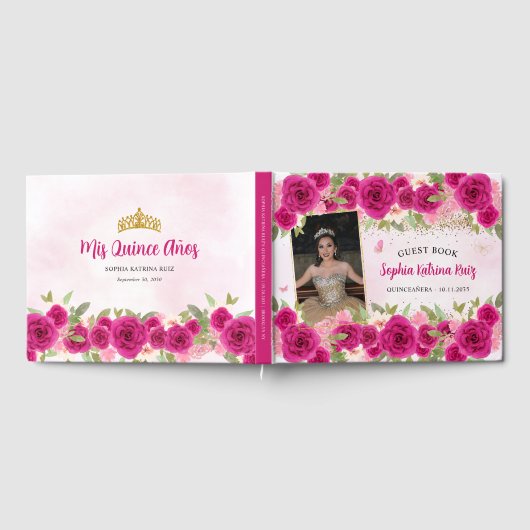 Hot Pink Gold Floral Princess Quinceañera Foto Gästebuch (Voll)