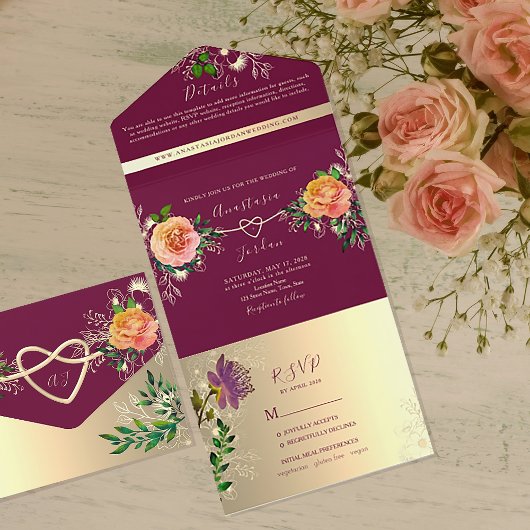 Hot Pink Gold Floral Wedding All In One Einladung