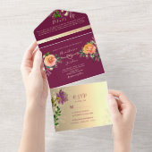 Hot Pink Gold Floral Wedding All In One Einladung (Abreißen)