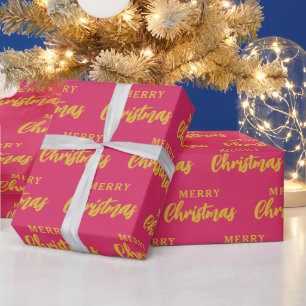 Hot Pink Gold Frohe Weihnachts-Script-Muster Geschenkpapier