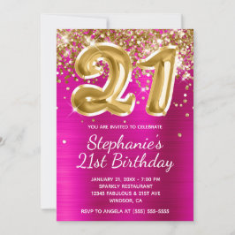 Hot Pink Gold Glitzer Foil Ballon 21. Geburtstag Einladung