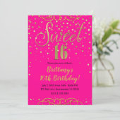 Hot Pink & Gold Glitzer Moderner Sweet 16 Party Einladung (Stehend Vorderseite)