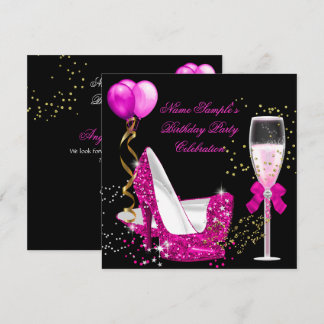 Hot Pink Gold Glitzern Black Birthday Party Einladung