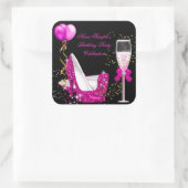 Hot Pink Gold Glitzern Black Birthday Party Quadratischer Aufkleber (Tasche)