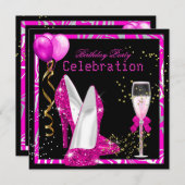 Hot Pink Gold Glitzern Zebra Black Birthday Party Einladung (Vorne/Hinten)