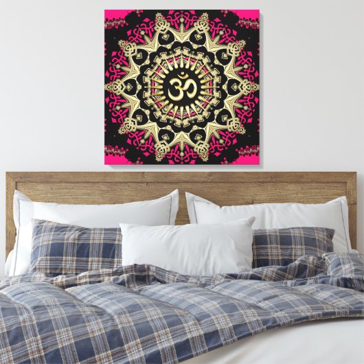 Hot Pink+Gold Om Mandala New Age Wrapped Canvas Leinwanddruck (Insitu (Schlafzimmer))