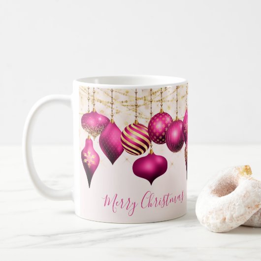Hot Pink Gold Ornamente Frohe Weihnachten Kaffeetasse (Mit Donut)