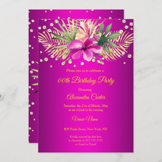 Hot pink gold palms floral Birthday Party Einladung (Vorne/Hinten)