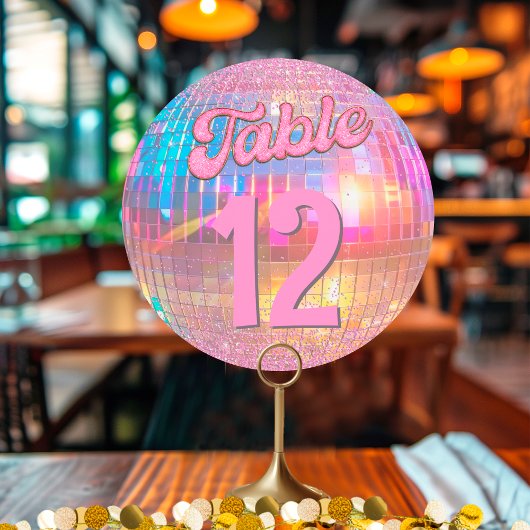 Hot Pink Gold Retro Disco Ball Runde Tischnummer