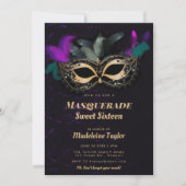 Hot Pink Gold Schwarze Masquerade Sweet 16 Party Einladung (Vorderseite)