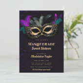 Hot Pink Gold Schwarze Masquerade Sweet 16 Party Einladung (Stehend Vorderseite)