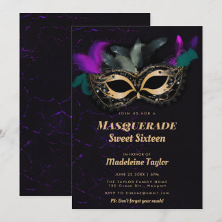 Hot Pink Gold Schwarze Masquerade Sweet 16 Party Einladung
