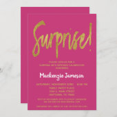 Hot Pink Gold Script überrascht Party Einladung (Vorne/Hinten)