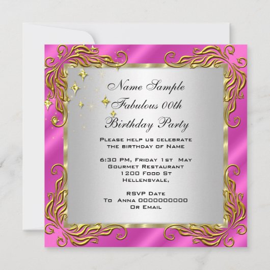 Hot Pink Gold Silver Women's Birthday Party Einladung (Rückseite)