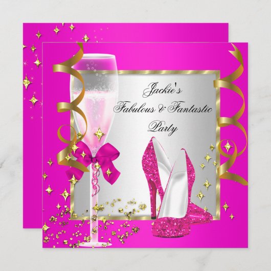 Hot Pink Gold Silver Women's Birthday Party Einladung (Vorne/Hinten)