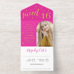 Hot Pink Gold Stars Fackeln Arch Foto Sweet 16 All-in-One-Einladung<br><div class="desc">Alles in einer Sweet 16 Einladung perfekt für ein glamouröses hellrosa 16 . Geburtstag-Fest mit vergoldeten Schriftart,  goldgelben Folienstars und Fackeln gegen einen tiefen und hellen Fuchsienrosa. Fügen Sie ein Foto des Geburtstags in Bogenform hinzu.</div>