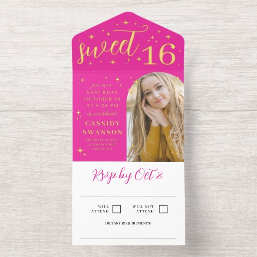Hot Pink Gold Stars Fackeln Arch Foto Sweet 16 All-in-One-Einladung (Innenseite)