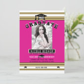 Hot Pink Gold White Elegante Foto Graduation Party Einladung (Stehend Vorderseite)