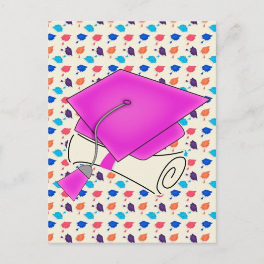 Hot Pink Graduation Cap and Diploma, farbenfrohe C Ankündigungspostkarte (Vorderseite)