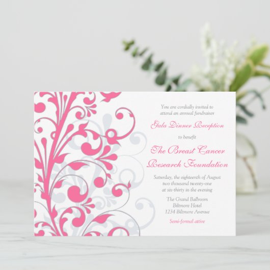 Hot Pink, Grau, Weiße Wohltätigkeit Fundraiser Einladung (Stehend Vorderseite)