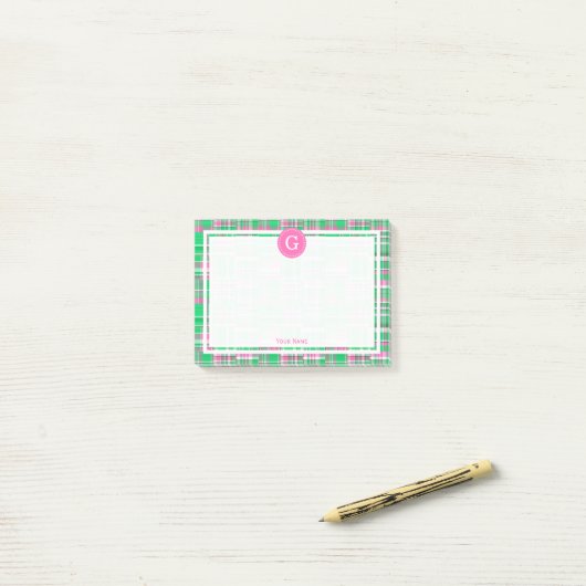 Hot Pink Green Patchwork Madras Kariert 1IR Gerahm Post-it Klebezettel (Auf Schreibtisch)