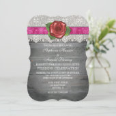 Hot Pink Grey Rustic Wood Rose Einladung (Stehend Vorderseite)