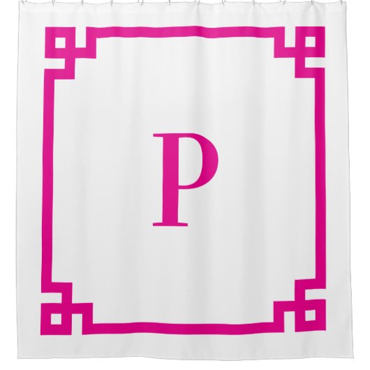 Hot Pink, griechischer Schlüssel Einfache Monogram Duschvorhang (Vorderseite)