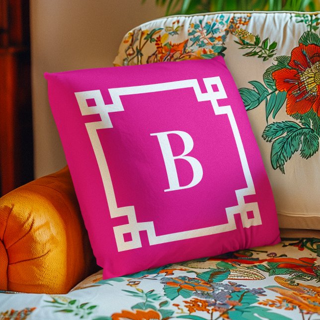 Hot Pink, griechischer Schlüssel, Monogramm Kissen (Hot Pink Greek Key Border Monogram Outdoor Pillow)