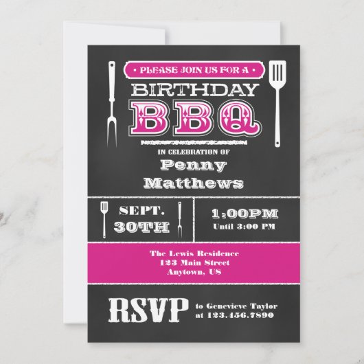 Hot Pink GRILLEN Birthday Chalkboard Einladung (Vorderseite)